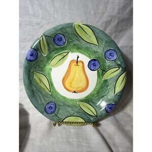 BOB MACKIE DESIGN 2000 PEARS PLUMS GREEN RIM FRUIT DESIGN DINNER PLATES 10 1/2